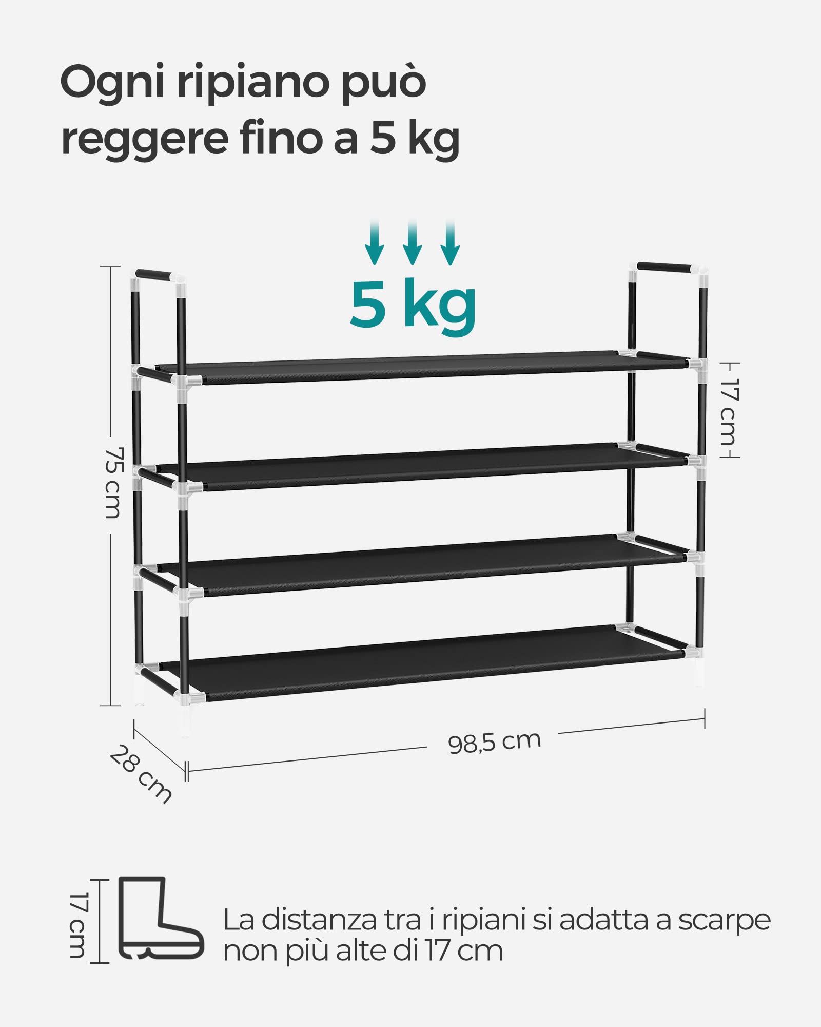 SONGMICS Scarpiera a 4 Ripiani, Portascarpe per Corridoio, Sottile e Salvaspazio, Struttura in Metallo, Ripiani in Tessuto Non Tessuto, Nero LSH054B01