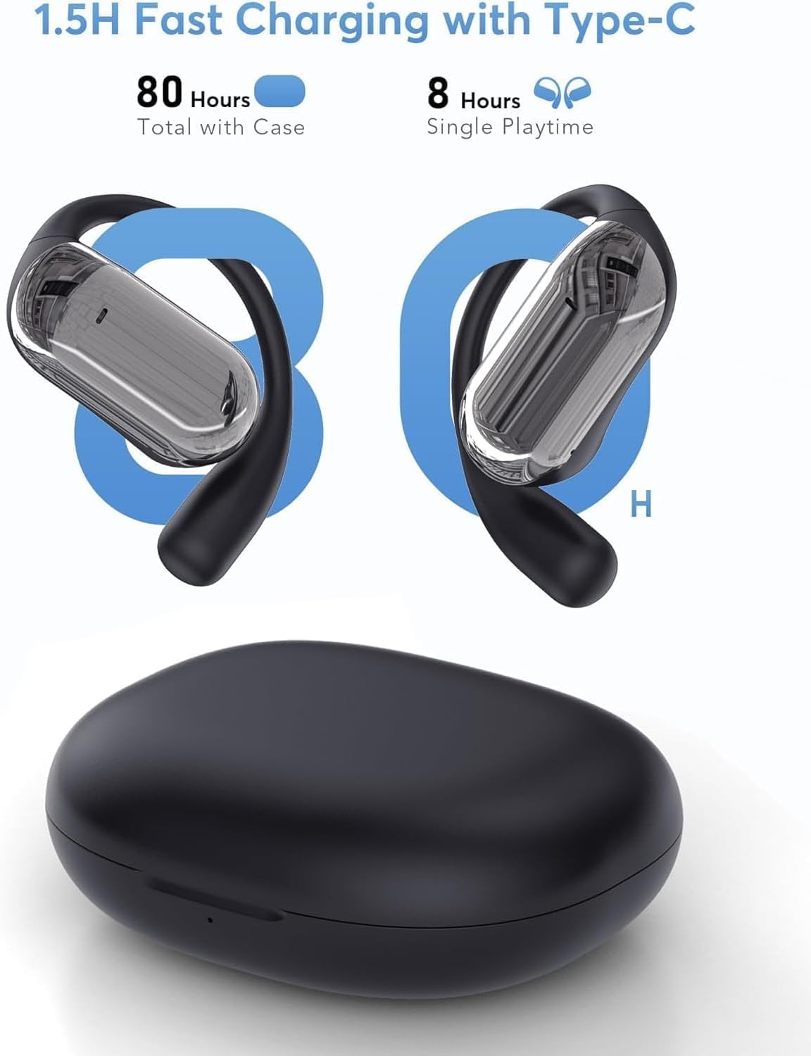 Illustration of fast charging with Type-C, showing 80 hours total playtime and 8 hours single playtime
