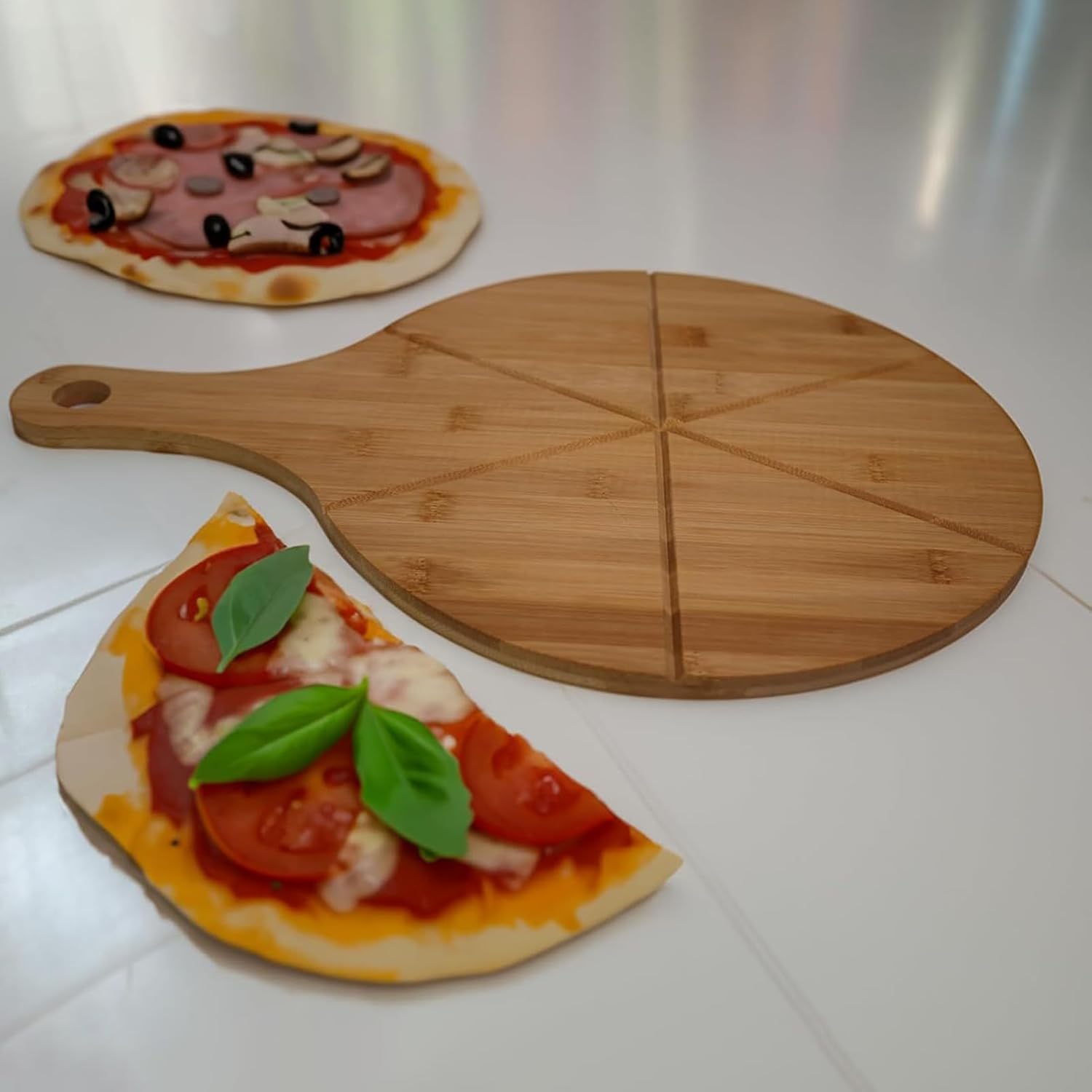 Pizza Boards with Handle | Wooden Round Kitchen Gadget | Pizza Paddle with Cutting Guide | for Transferring Serving Cheese Bread Fruit Kitchen Gadget Men Women Home