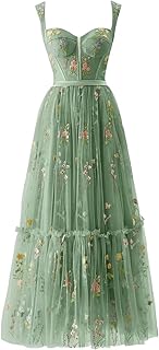 Flower Embroidery Prom Dresses for Women Tulle Tea Length Corset A Line Formal Evening Party Gowns