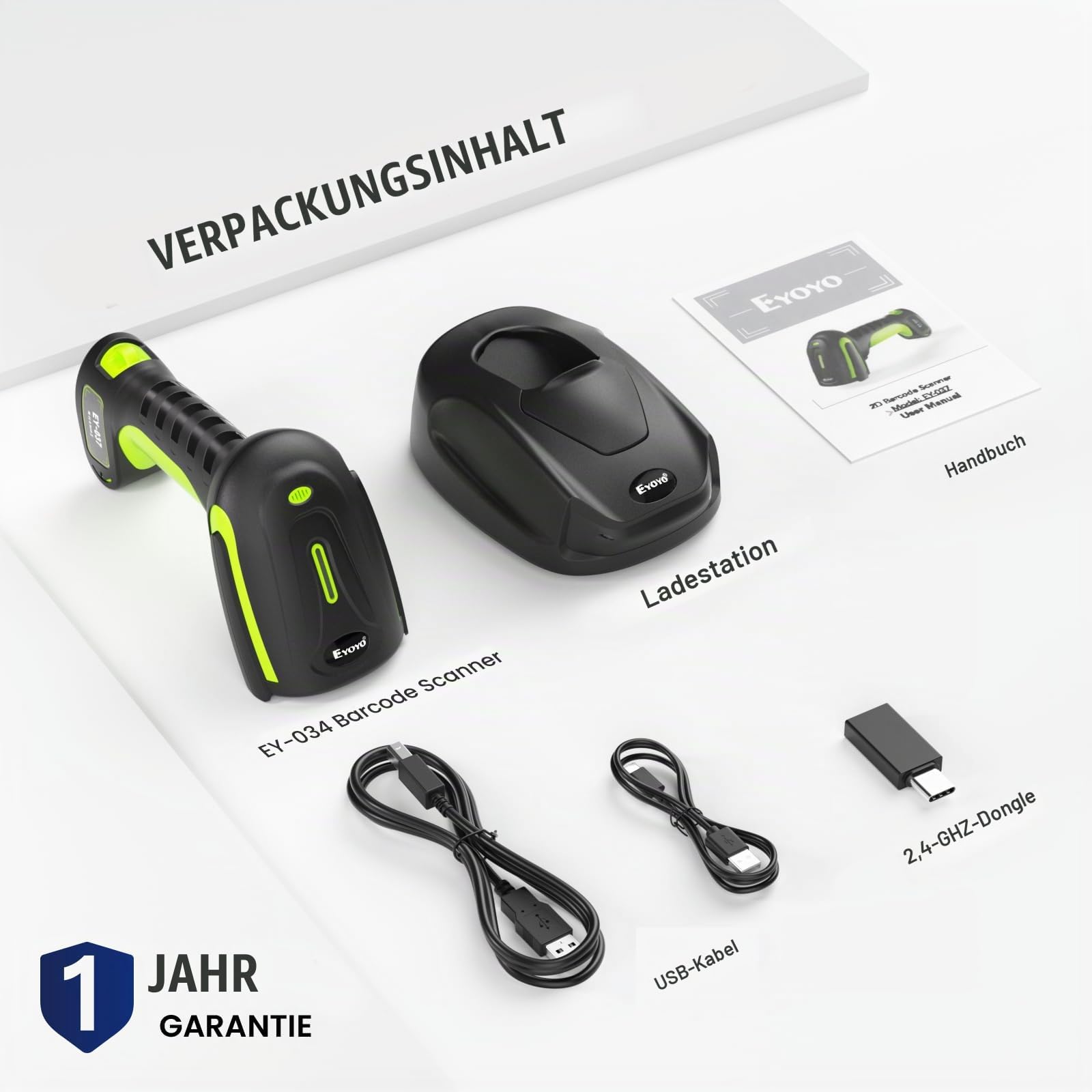 Eyoyo 2D QR Industrie Barcode Scanner Kabellos mit Kabelloser Ladeständer, Robuster, Strapazierfähiger, IP65 Wasserdichter 3-in-1 Barcodeleser mit Bluetooth, Wireless, USB für Laptop,Tablet, Android