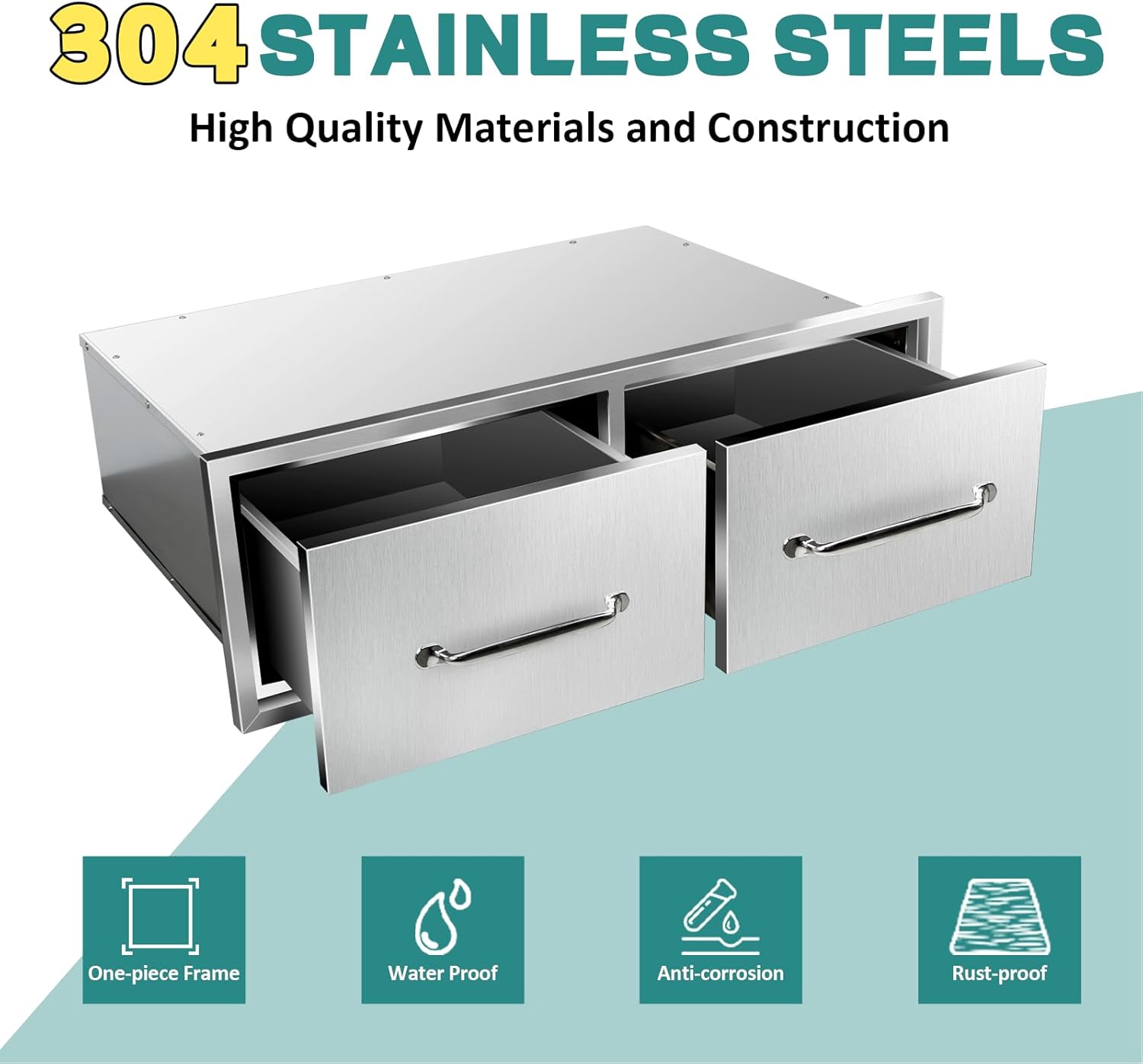 Outdoor Kitchen Drawers 30" W x 10" H x 20" D Stainless Steel Drawer Horizontal Double Drawers with Chrome for Outdoor Kitchen Island, Patio Grill Station