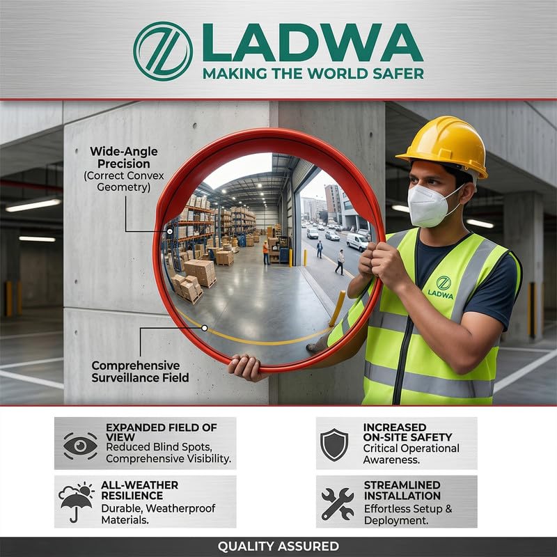 Image of LADWA 40-Inch Convex Mirror | Road Safety & Traffic Security Mirror | Unbreakable Polycarbonate Lens with Flat Back | Adjustable Mounting Bracket | Installation Kit with Nuts & Bolts Included