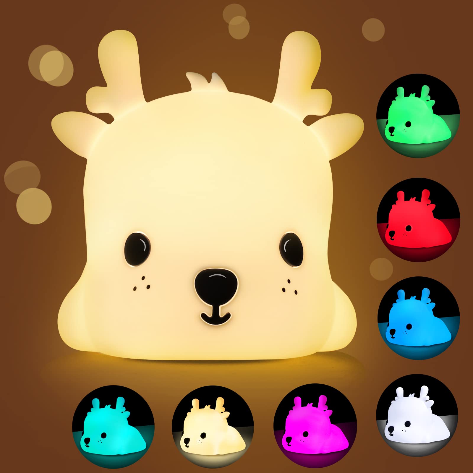 Night Light Kids, Baby Night Light Bedside Lamp for Bedroom Nursery, Dimmable Night Light with 7 RGB Colors, USB Rechargeable LED Night Light with Timer for Halloween Decoration Children Gifts