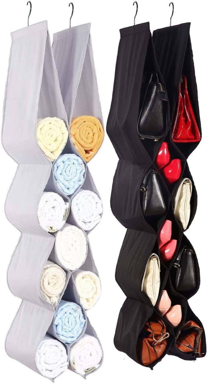JUNELILY Heavy-Duty Hanging Handbag Organizer | Polyester-Made with 11 Pockets (2PK Black & Gray)