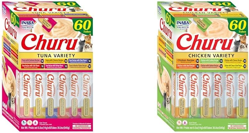 INABA Churu Cat Treats, Lickable, Squeezable Creamy Purée with Vitamin E & Taurine, 0.5 Ounces Each Tube, Tuna Variety and Chicken Variety 120 Tubes Total Bundle