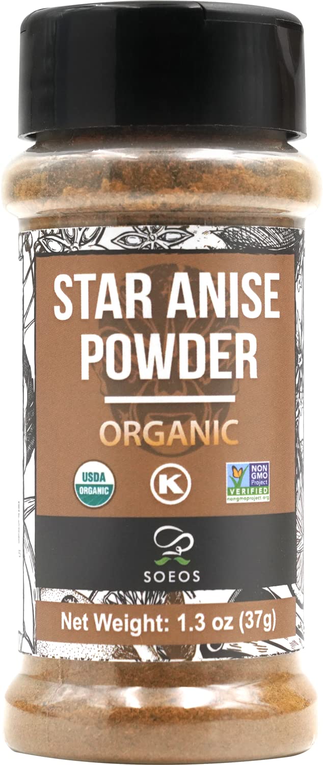 Soeos Organic Chinese Star Anise Powder 1.3 oz (37g), Powder Chinese Star Anise, Dried Anise Star Spice, Star Anise Bulk, Anise Star, Non-GMO Verified