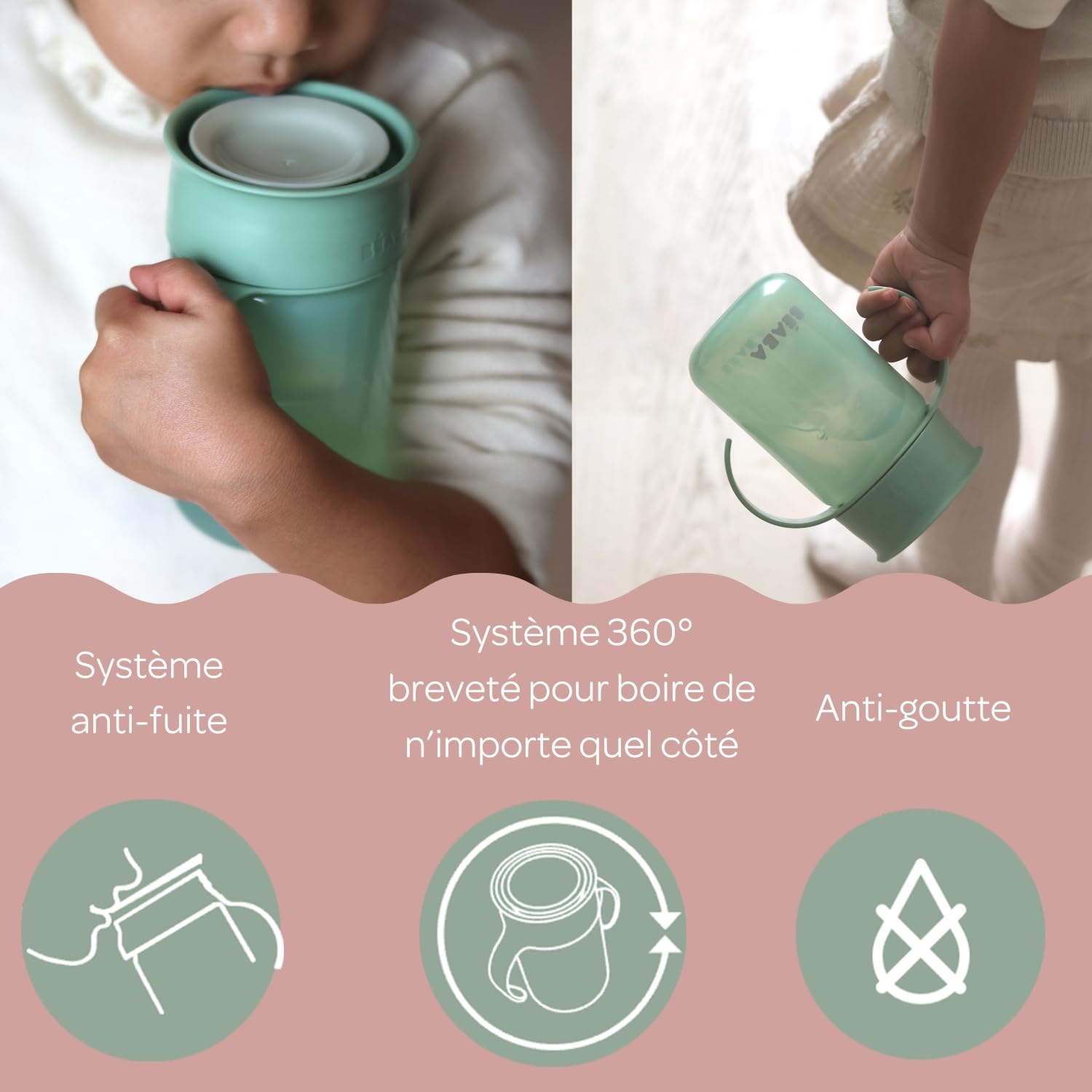 BÉABA, Tasse d'Apprentissage 360° avec Disque Anti-Goutte, Système Breveté Anti-Fuite, à partir de 12 Mois, Anses Amovibles, avec Couvercle hygiénique, Solide et Légère, 340 ml, Vert Sauge