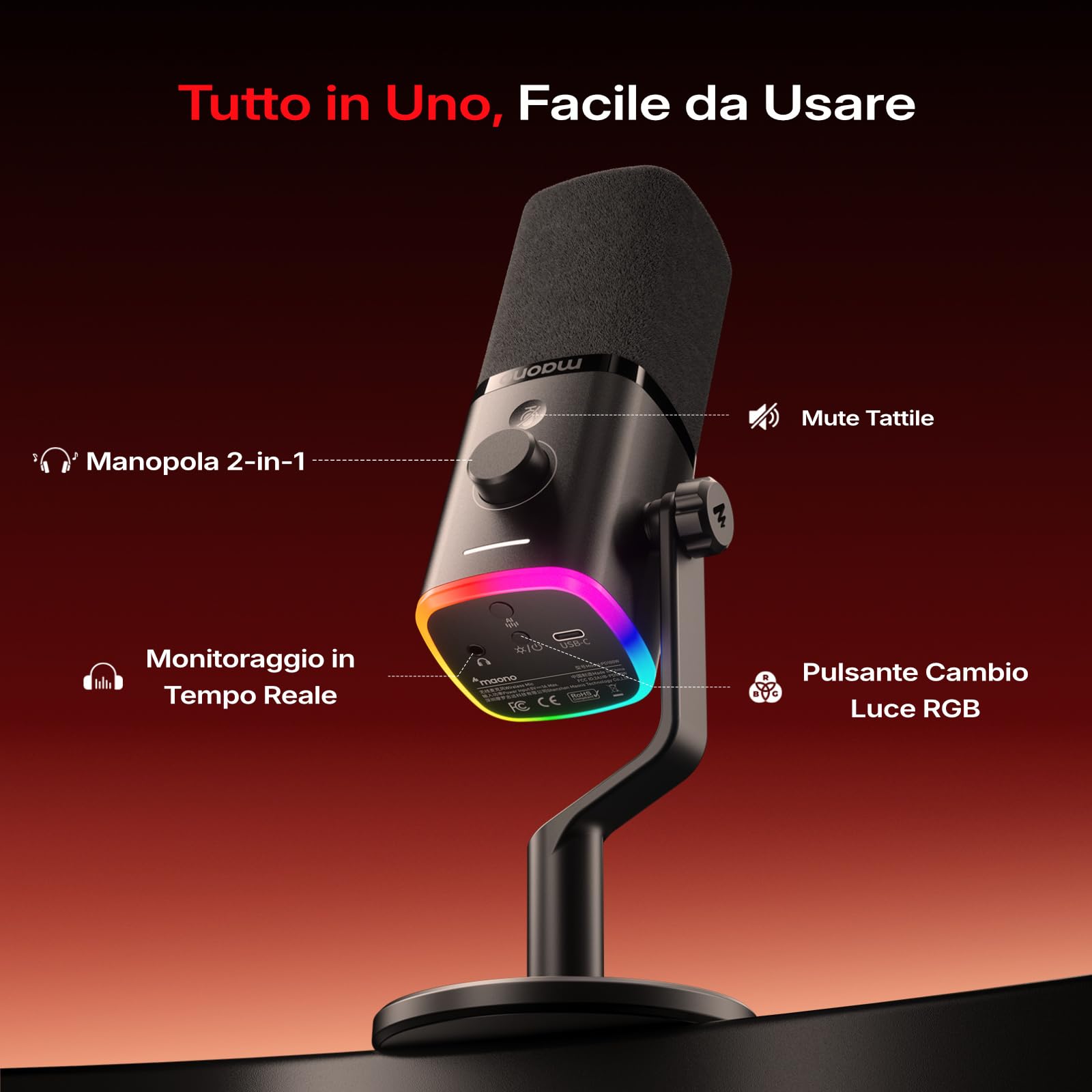 MAONO PD100W Microfono Gaming Wireless, Microfono Dinamico 2.4GHz & USB con Cancellazione del Rumore per Streaming, Registrazione & Creazione di Contenuti, Compatibile con PC, PS4/PS5 & Smartphone