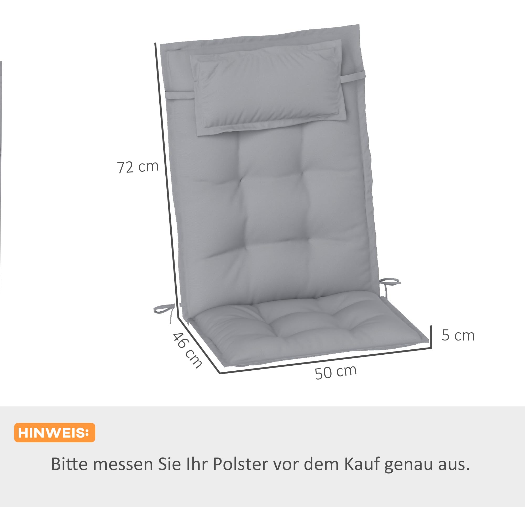 Outsunny set di 2 cuscini per sdraio Cuscino idrorepellente per sdraio da giardino Cuscino per sdraio da spiaggia Cuscino per mobili da giardino 50x116x5 cm, grigio chiaro