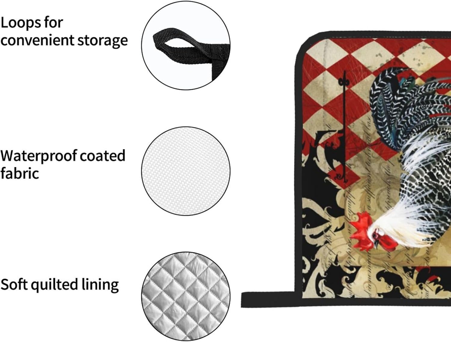 Rooster Print Oven Mitts and Pot Holders Sets with Apron 5Pcs Heat Resistant Rooster Kitchen Mitten Gloves and Non-Slip Potholders Apron Sets Oven Gloves Hot Holders for Baking Cooking BBQ