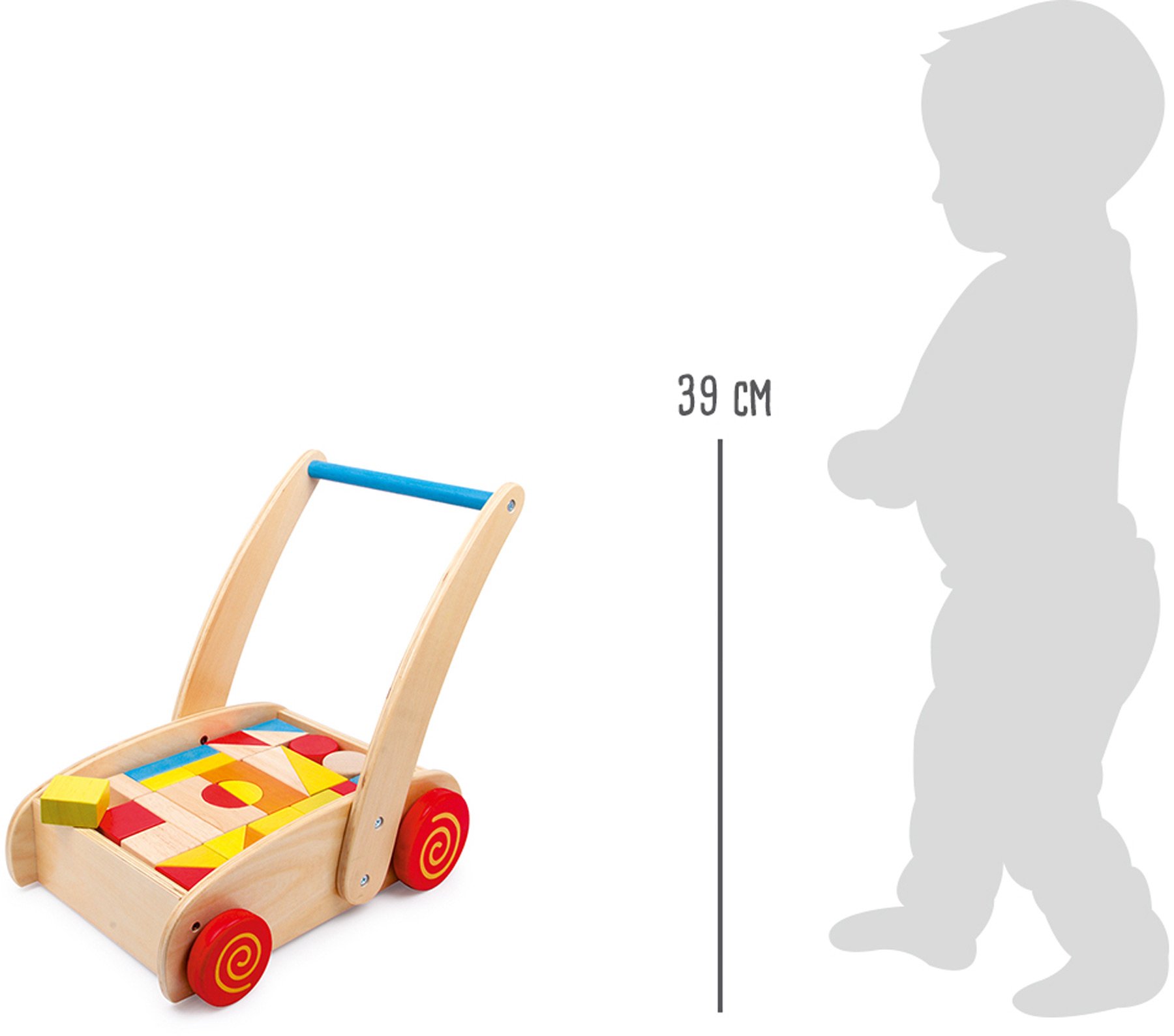2695 Carrello primi passi Cubetti small foot in legno, con scomparto per blocchi di legno, si allena la comprensione del colore e della forma, a partire da 1 anno