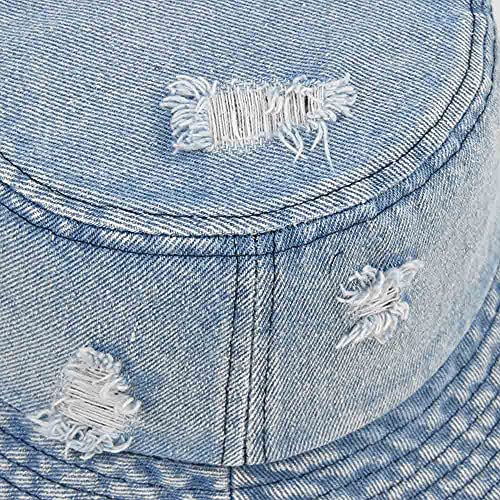 Distressed Denim Bucket Hat Ripped Frayed Edge Sun Hat For Women Men (Deep Blue) #TOP6