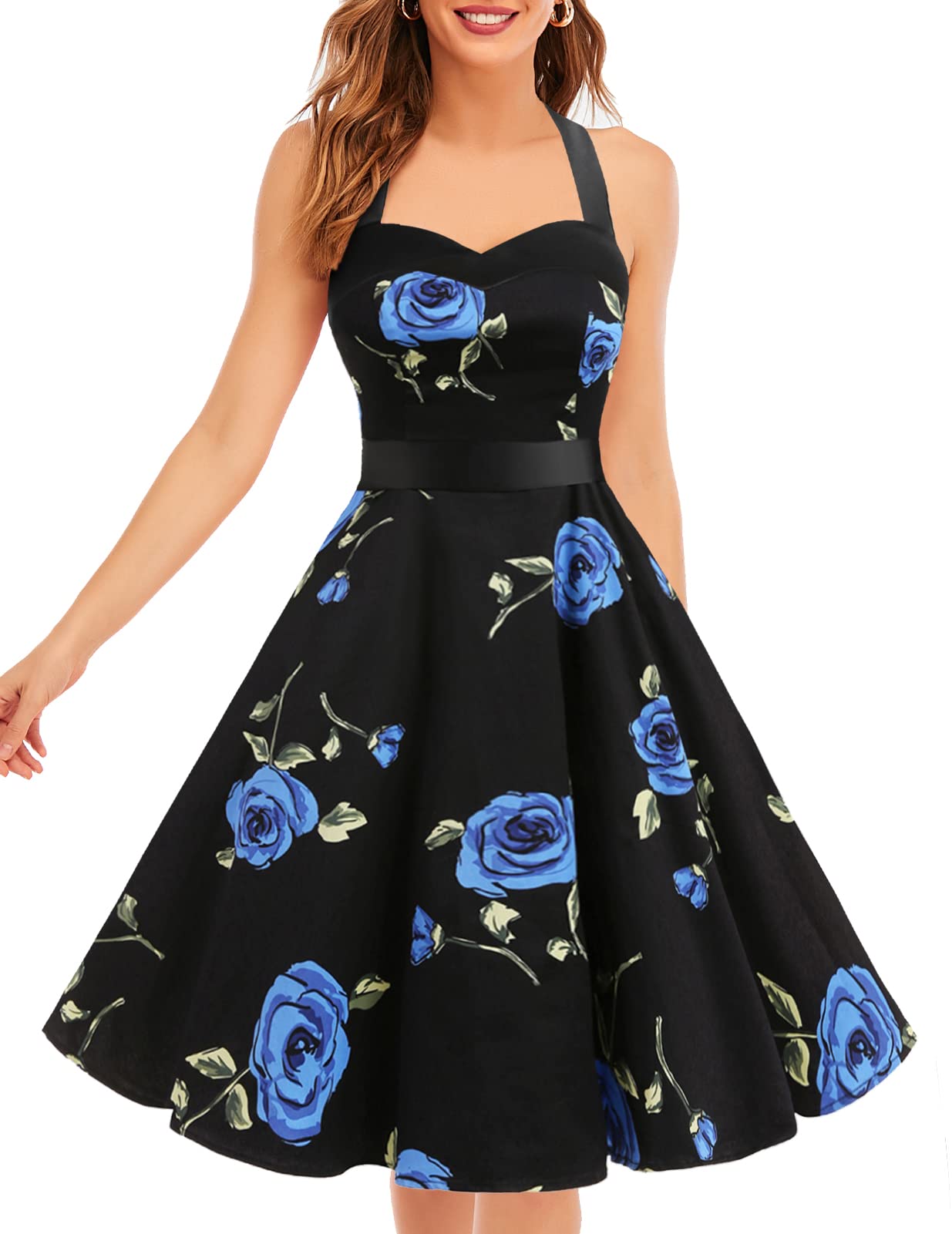 DRESSTELLS Women's Pinup Cocktail Party Vintage Sweetheart Collar Halter 1950s Rockabilly Swing Dress