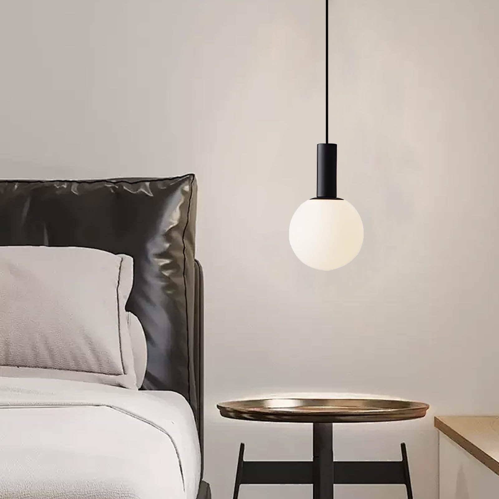 Suspension Luminaire Moderne avec Globe Verre Blanc – LED E14 12W Dimmable, Hauteur Réglable Lampe Suspendu de Plafond pour Chambre, Salon, Salle à Manger (Noir)
