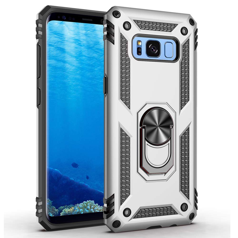 Military Grade Drop Impact for Samsung Galaxy S8 Plus Case(Galaxy S8+) 360 Metal Rotating Ring Kickstand Holder Built-in Magnetic Car Mount Armor Shockproof Case for Galaxy S8+ Phone Case (Sliver)