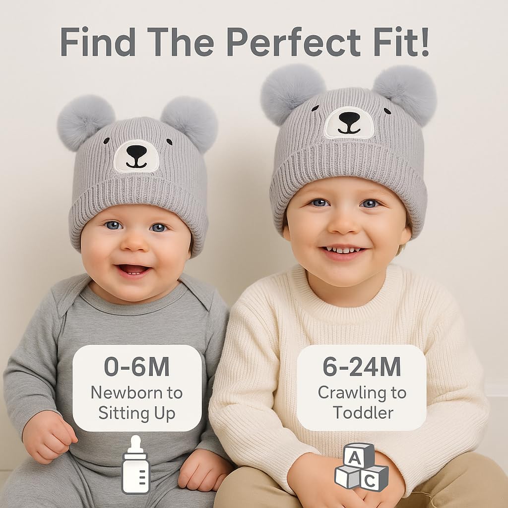 Baby Cute Bear Beanie with Pompom, Infant Toddler Warm Knitted Hats Winter Cap for Boys Girls - Image 6