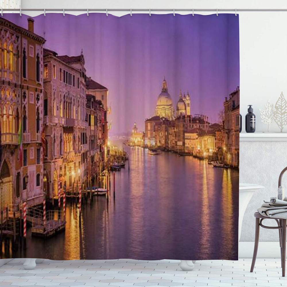SUNTIG Shower Curtain Set with 12 Hooks,Grand Canal and Santa Maria Della Salute in Venice,Machine Washable,72" X 72"