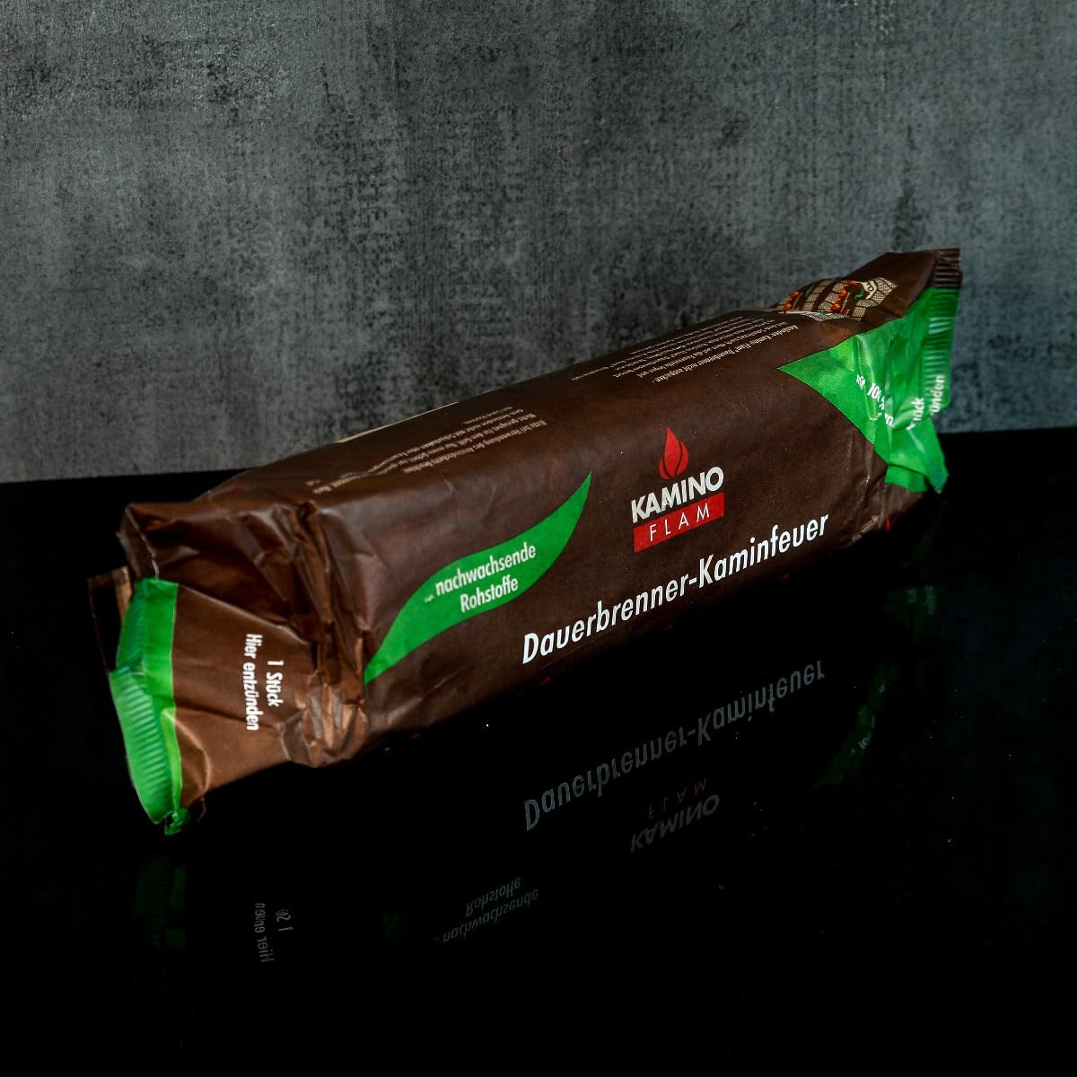 10 Stück KaminoFlam® Dauerbrenner-Kaminfeuer, 100% nachwachsende Rohstoffe, für Kaminofen, Kachelofen, Holzofen