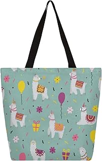 Sacola de lona feminina étnica animal lhama balões grandes sacolas para homens com bolsos sacolas de compras resistentes sacolas de compras reutilizáveis, bolsa de ombro casual para escola, trabalho, praia, Multicor