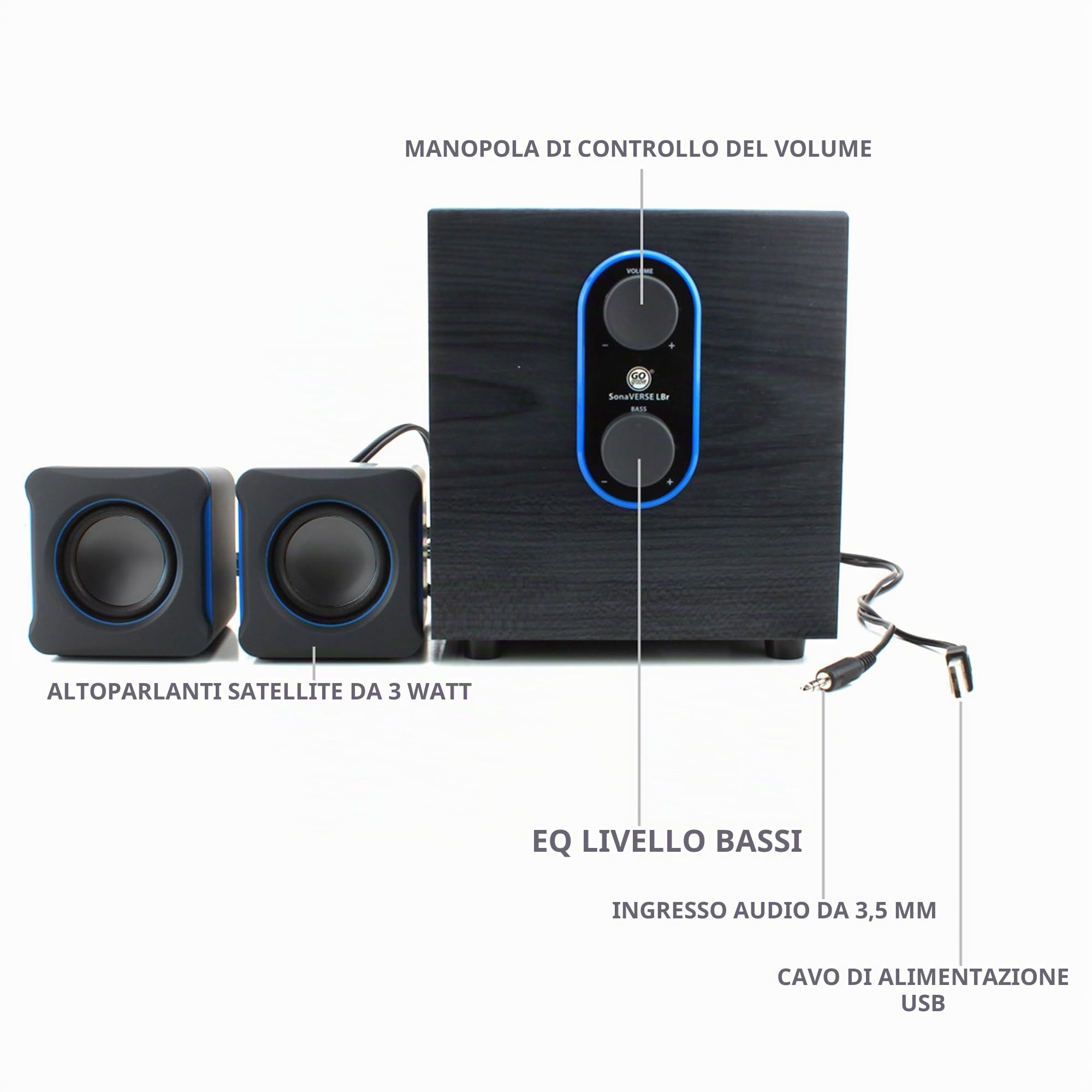 GOgroove SonaVERSE LBr 2.1 Altoparlanti per Computer con Subwoofer - USB Alimentato con Manopole di Controllo Volume / Bassi - Ideale per Laptop, Piccola Scrivania