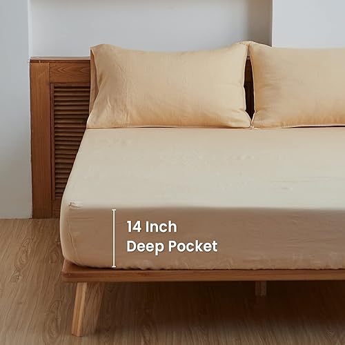 Miniatura 4 de King Linens Sábana bajera de 100 % lino lavado a la piedra, color sólido  (1 pieza) funda de colchón de 14 pulgadas de profundidad suave natural