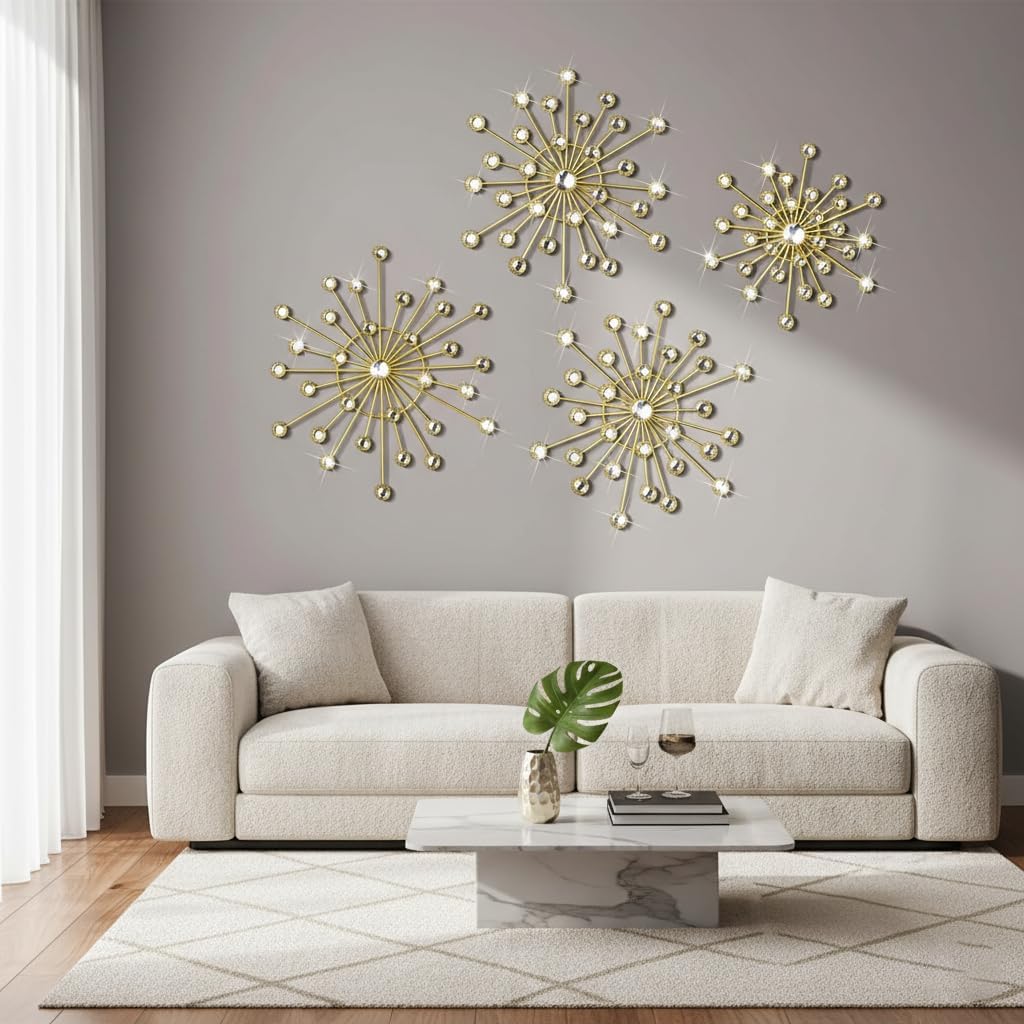 XYZWOMN 4 Pcs Gold Metal Wall Decor, Bling Crystal Sunburst Wall Art with Rhinestones, 3D Starburst Hanging Sculptures for Living Room Bedroom Entryway Home Decoration (12/10/8 Inch)