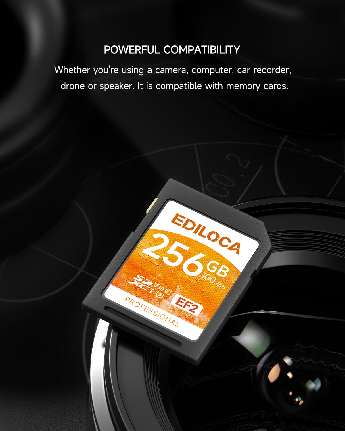 Ediloca Tarjeta de Memoria EF2 UHS-I de 256 GB, Lectura de 100 MB/s, Escritura 90 MB/s, C10, U3, V30, Full HD y vídeo 4K, Tarjeta SD para fotógrafos Profesionales