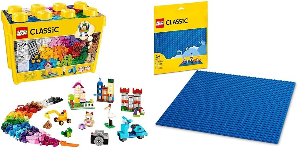 LEGO 10698 Classic Large Creative Brick Box & Classic Blue Baseplate Square 32x32 Stud Foundation to Build, Play, and Display Brick Creations, Great for Ocean and Water Landscapes, 11025