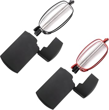 2 Pack Folding Reading Glasses for Men Women, Foldable Compact Readers with Small Hard Pocket Case Spring Hinge, Black + Red, 3.00