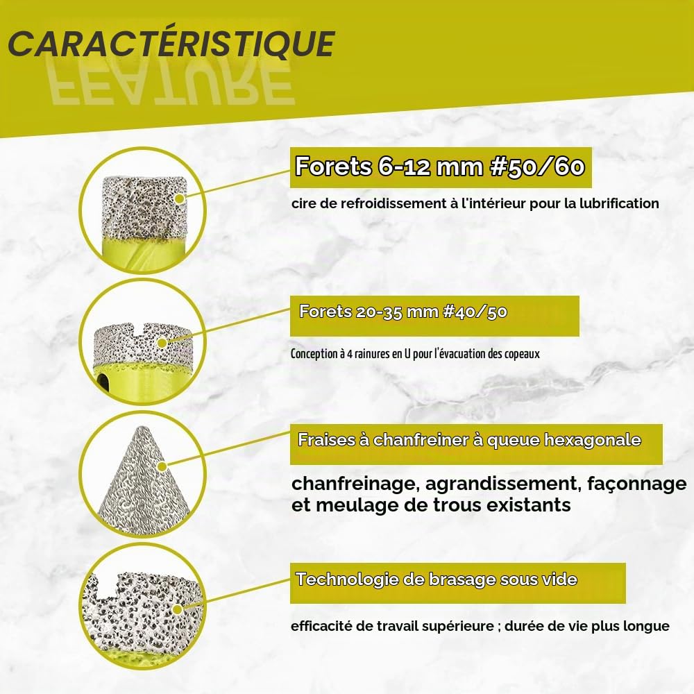 Foret Diamant Carrelage Kit 9Pièces (6/8/10/12/20/25/32/35mm+35mm Queue Hexagonale Mèches de Chanfrein) Scie Cloche avec Tige Ronde pour Céramique Porcelaine Marbre Granit Quartz SANLEETEK
