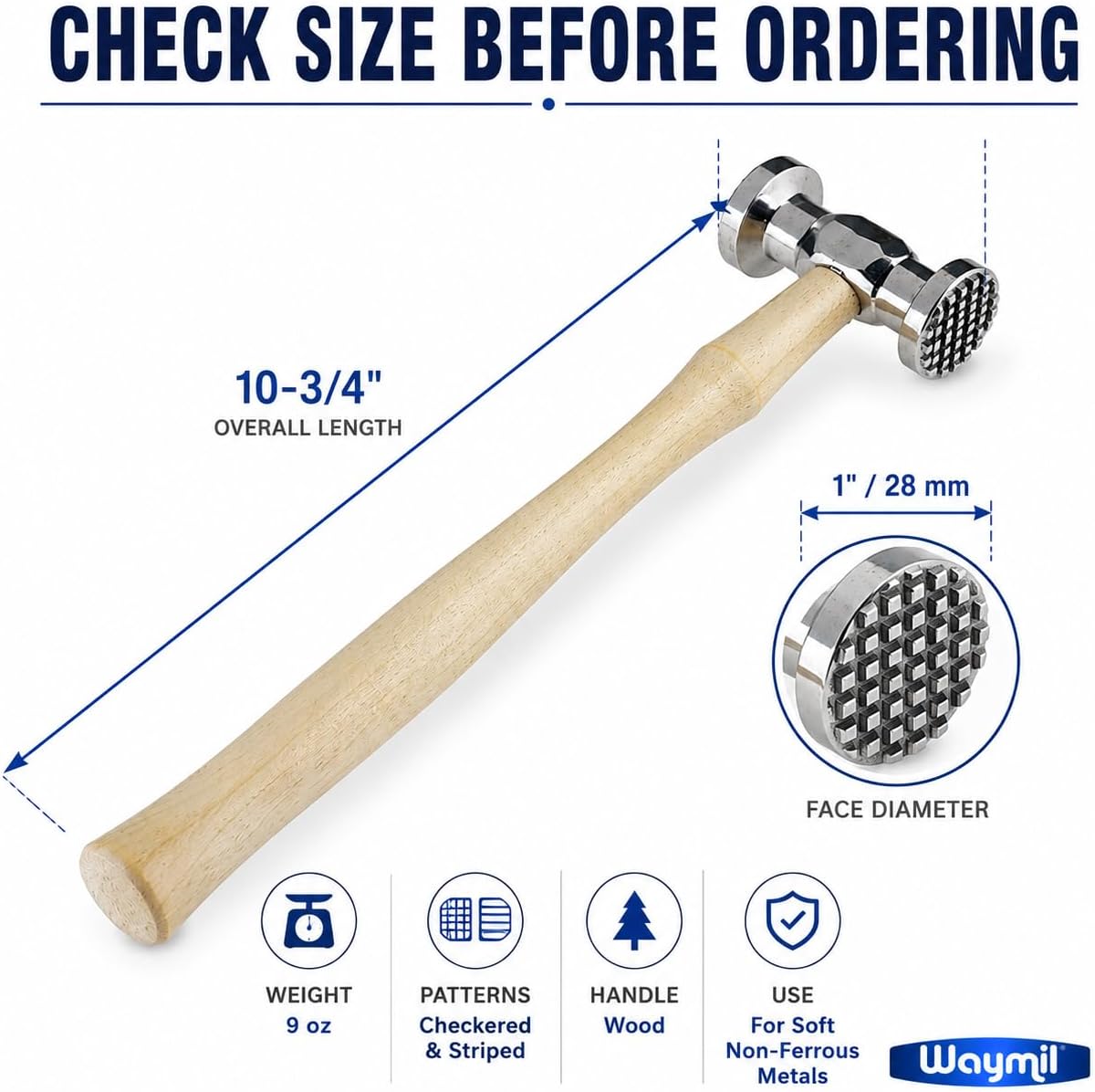 Texturing Hammer for Jewelry Making, Dual-Sided Metal Surface Design Hammer with Checkered and Striped Faces, Wood Handle, 10-3/4 Inch, for Copper, Brass, Silver and Soft Non-Ferrous Metals