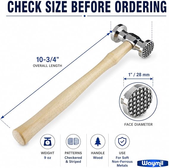 Texturing Hammer for Jewelry Making, Dual-Sided Metal Surface Design Hammer with Checkered and Striped Faces, Wood Handle, 10-3/4 Inch, for Copper, Brass, Silver and Soft Non-Ferrous Metals