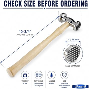 Texturing Hammer for Jewelry Making, Dual-Sided Metal Surface Design Hammer with Checkered and Striped Faces, Wood Handle, 10-3/4 Inch, for Copper, Brass, Silver and Soft Non-Ferrous Metals