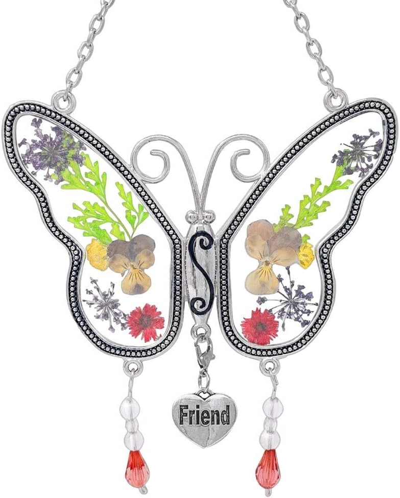 Best Friends Butterfly Suncatcher - Pressed Flowers Sun Catcher with a Silver Engraved Heart Charm - Friend Gifts