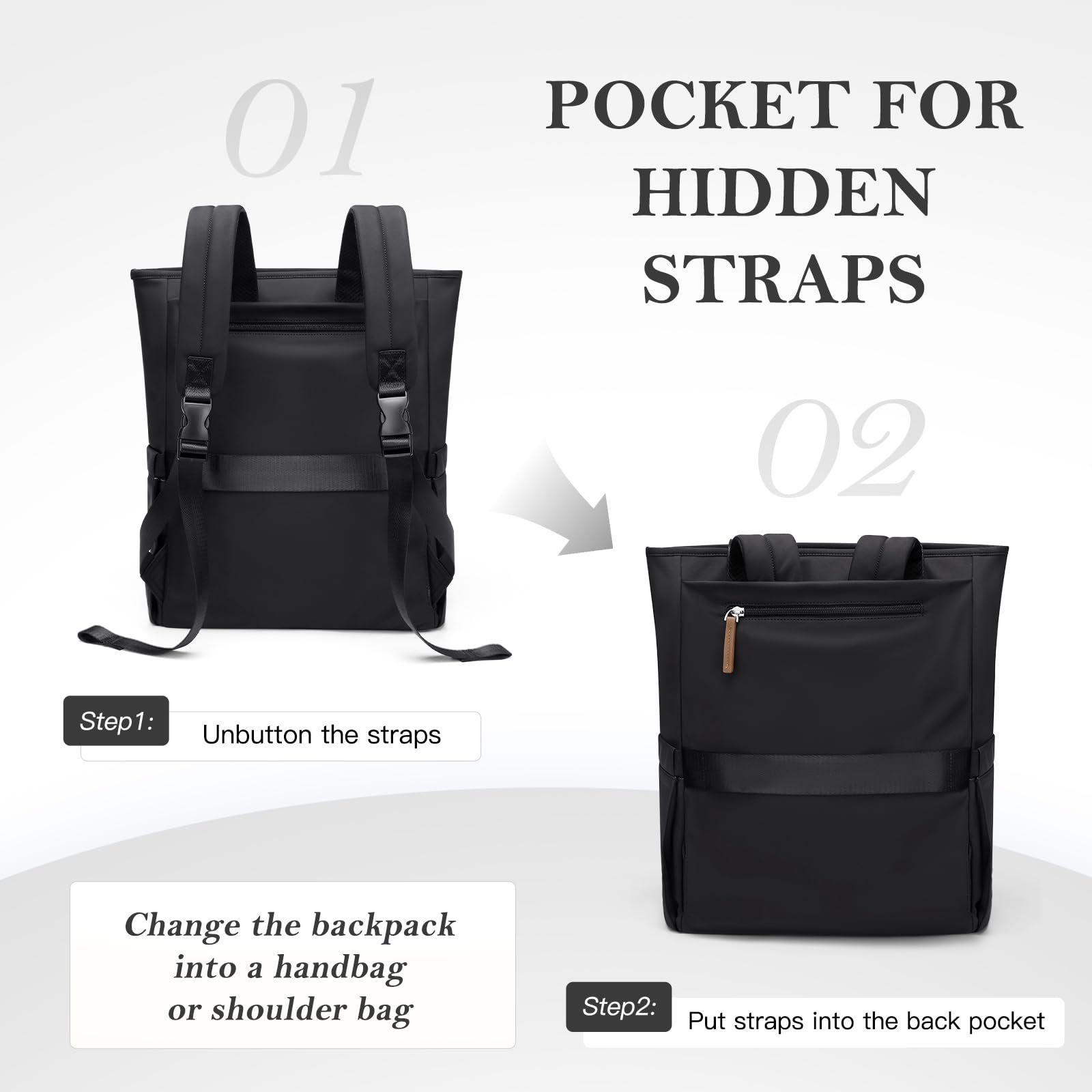 Rucksack Damen 16 Zoll, Laptop Schulrucksack Wasserdicht, Schultasche Women Elegant Tagesrucksäcke Handtasche 2 in 1 Arbeitstasche Lehrertasche Reiserucksack für Uni Büro,Schwarz
