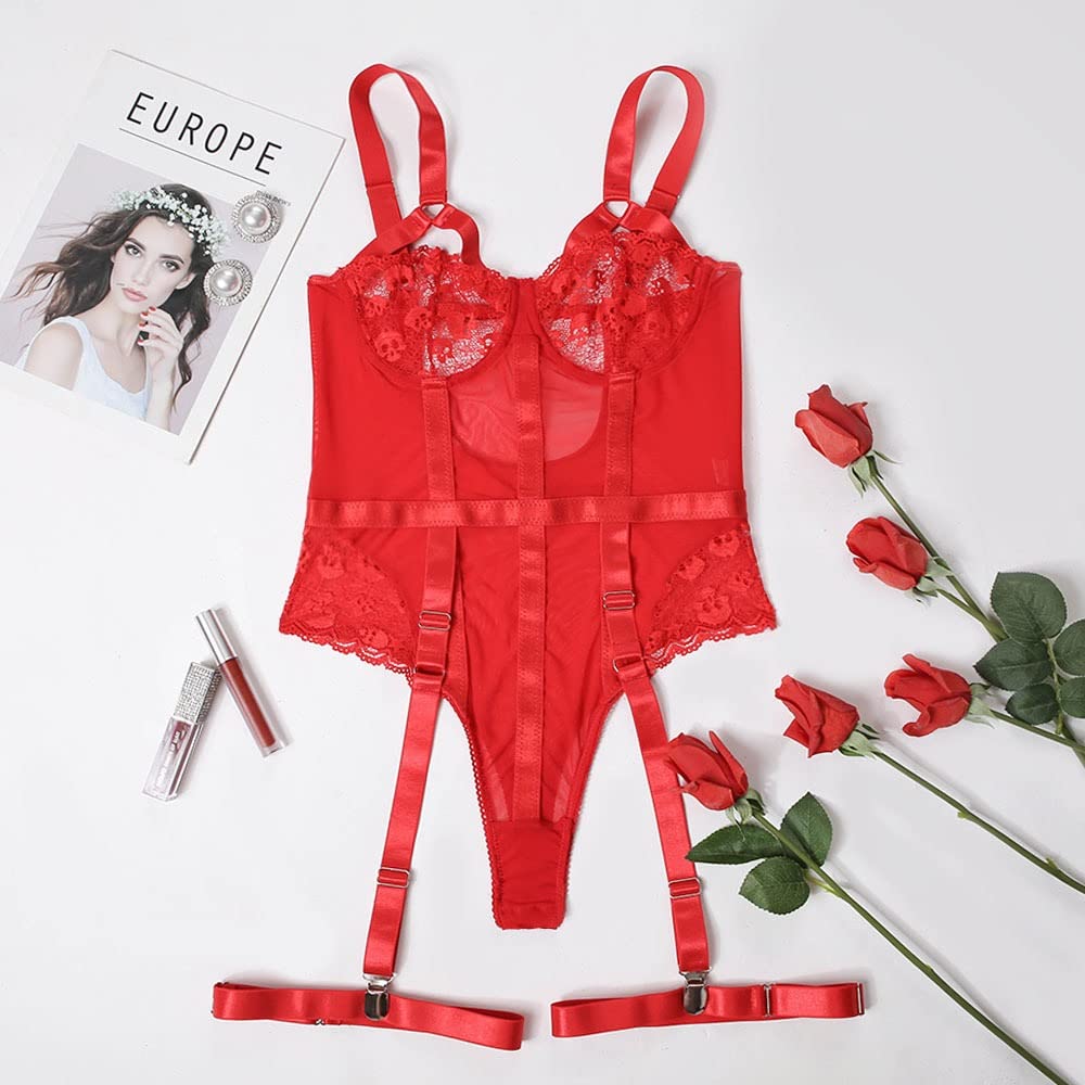 Czerwone body damskie Bodycon koronkowe drążą fiszbiny bielizna body bez rękawów (kolor: A, rozmiar: kod S)