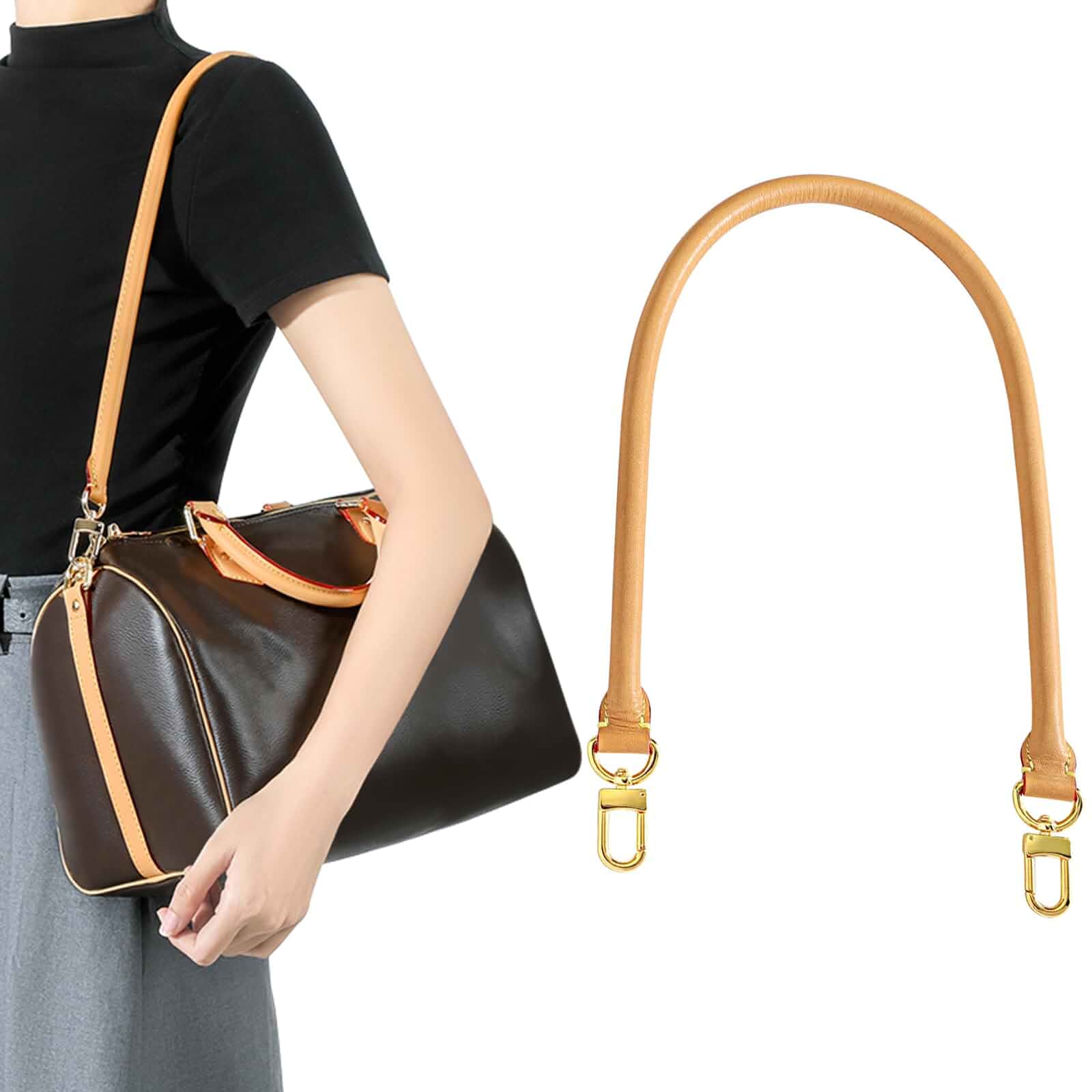 Lightly Treated Vachetta Leather Shoulder Short Bag Strap Replacement Fit for Graceful Damier or Speedy20/25/30/35 Bag Brown Straps Tan.Solid Brass Hardware(Length:27.5in-BEESWAX)