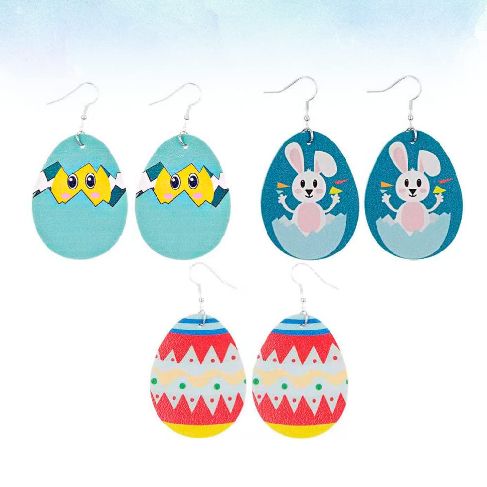 3 Pairs Faux Leather Lightweight Teardrop Easter Egg Bunny Dangle Earrings for Spring Party Holiday Festival Favor Jewelry