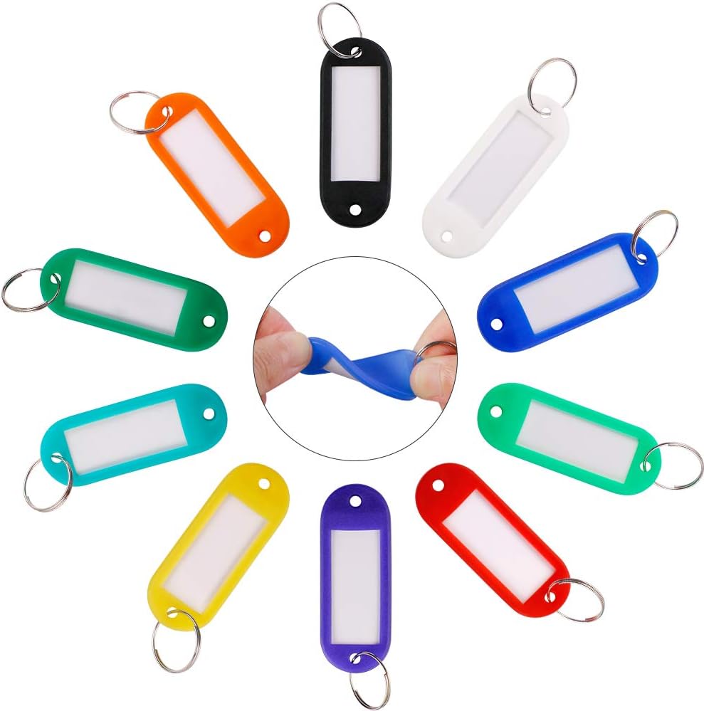 50 Pack Key Tags, Plastic ID Labels Tags with Split Ring Label Window, Assorted Colors