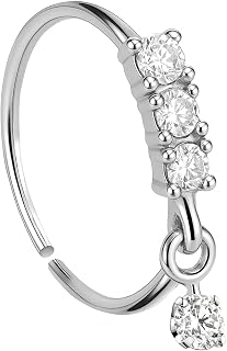 925 Sterling Silver Dangle Nose Ring 22G 8mm, CZ Drop Charm Seamless Hoop