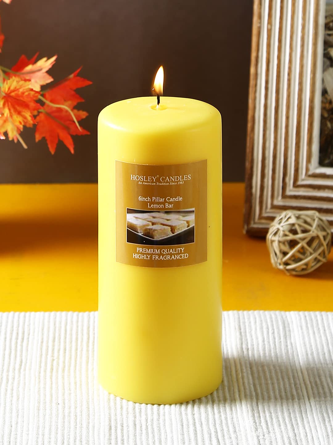 HOSLEY Lemon Bar Fragrance Yellow Pillar Candles| Soy & Paraffin Wax Candles for Home Decor|90 Hours Burning Time| Smokeless & Dripless|2.75 Inch Diameter|Pack of 1 (6 Inch Long)