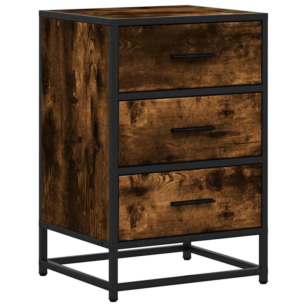 Table de Nuit Élégante Chêne Fumé avec 3 Tiroirs de Rangement