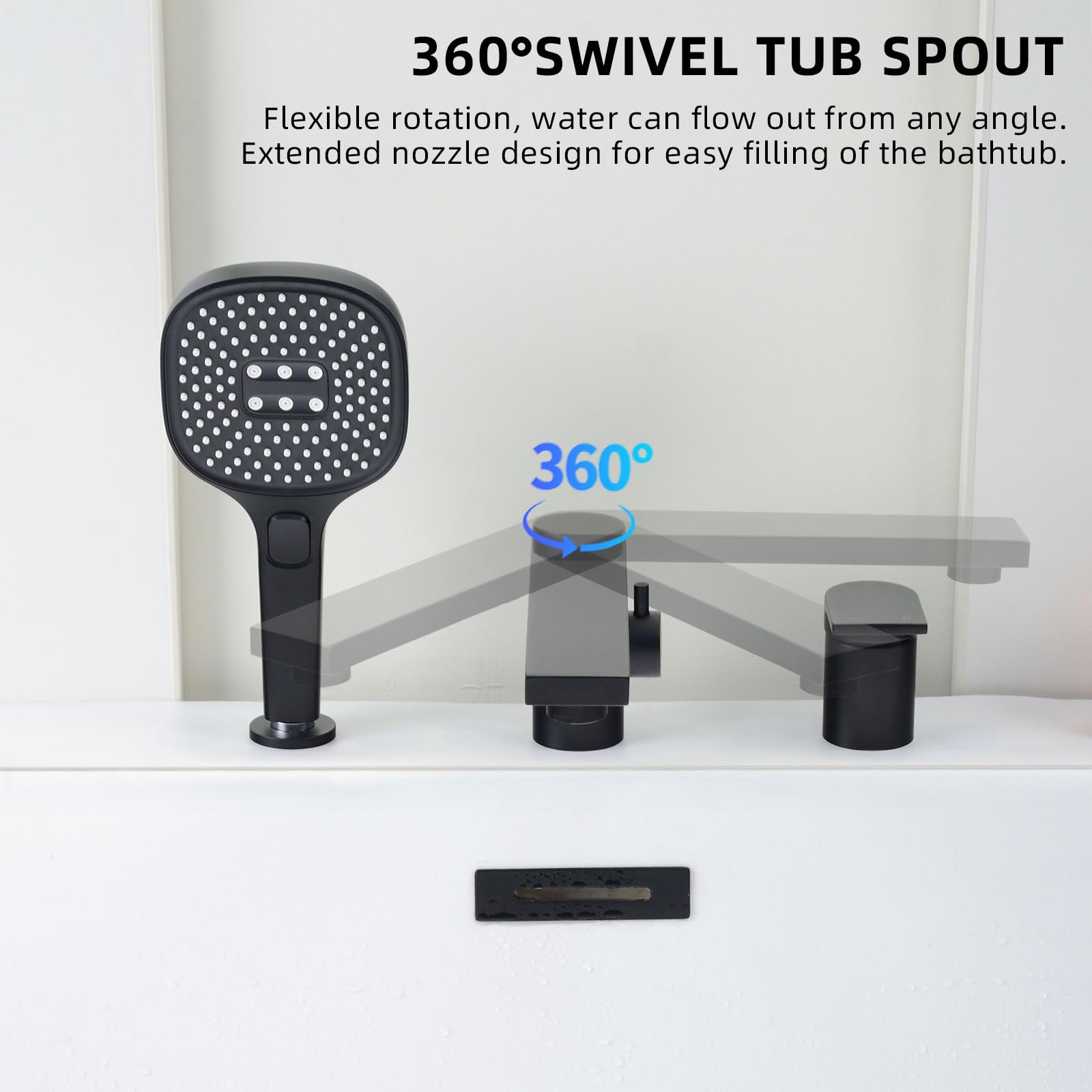 PHASAT Grifo para Borde de Bañera de 3 Orificio, Grifo de Bañera con Ducha de Mano y Manguera, Mezclador de Latón para Baño Caliente y Frío Ajustable Negro Mate PTBB20E