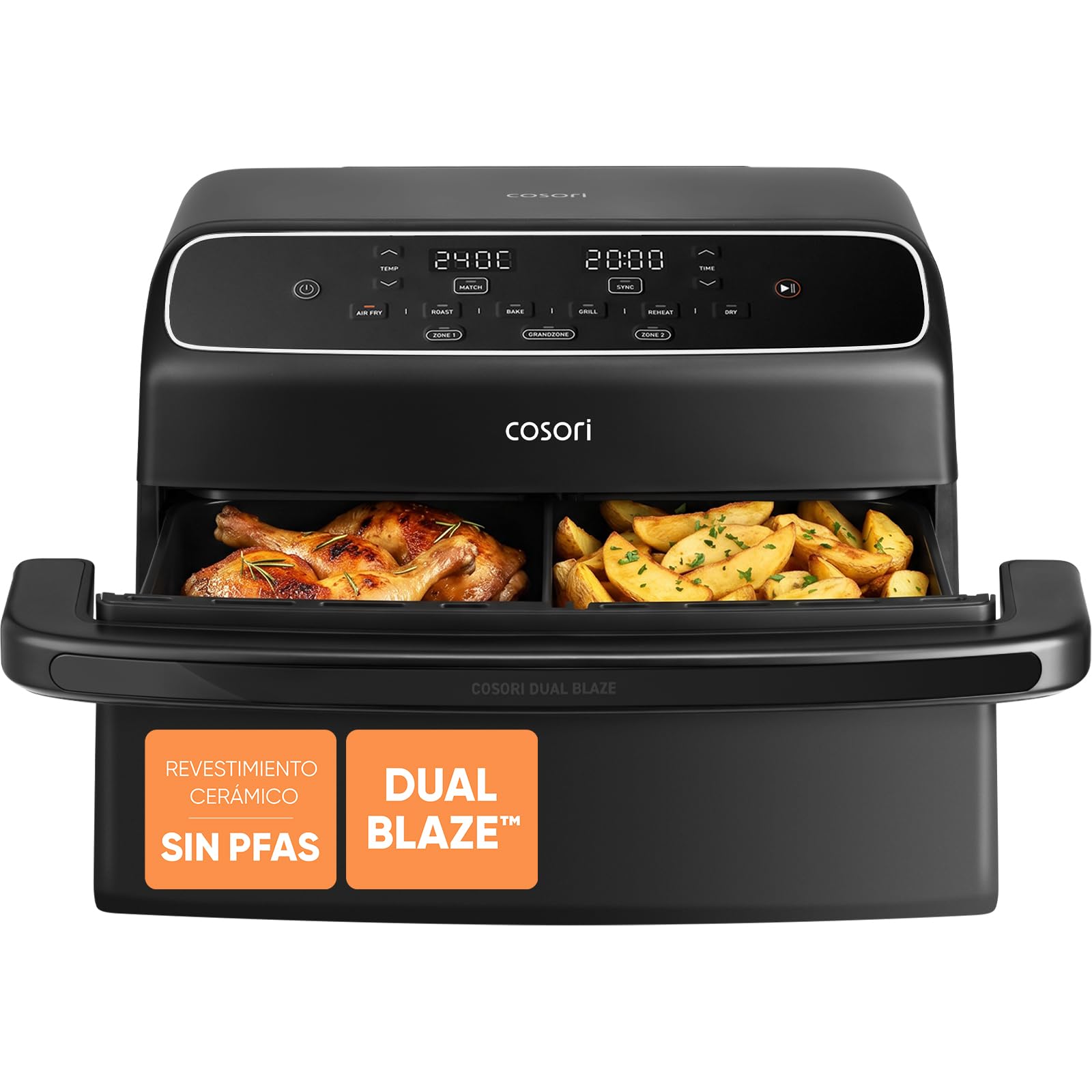 Cosori Freidora de Aire 8,6L Dual Blaze TwinFry Compact, sin PFAS ni Teflon | Revestimiento Cerámico sin PFAS, Tecnología Dual Blaze™, Divisor para 1 o 2 Zonas, Modos SYNC&Match, 6 Funciones, 2700W