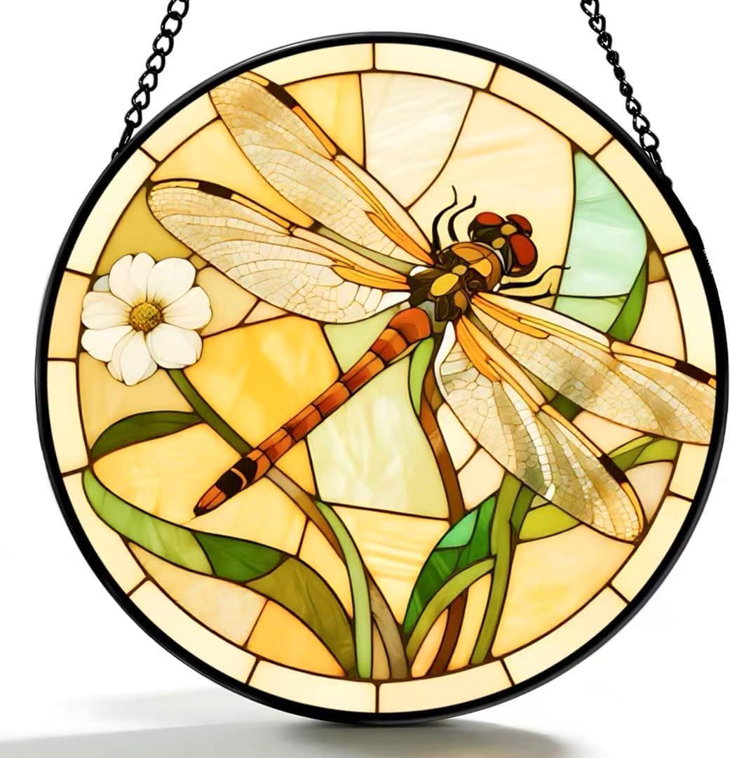 Funoasis Stained Glass Window Hanging Suncatcher - Yellow Themed Dragonfly and Plant Painting Ornaments Sun Catcher Home Decor Women Birthday