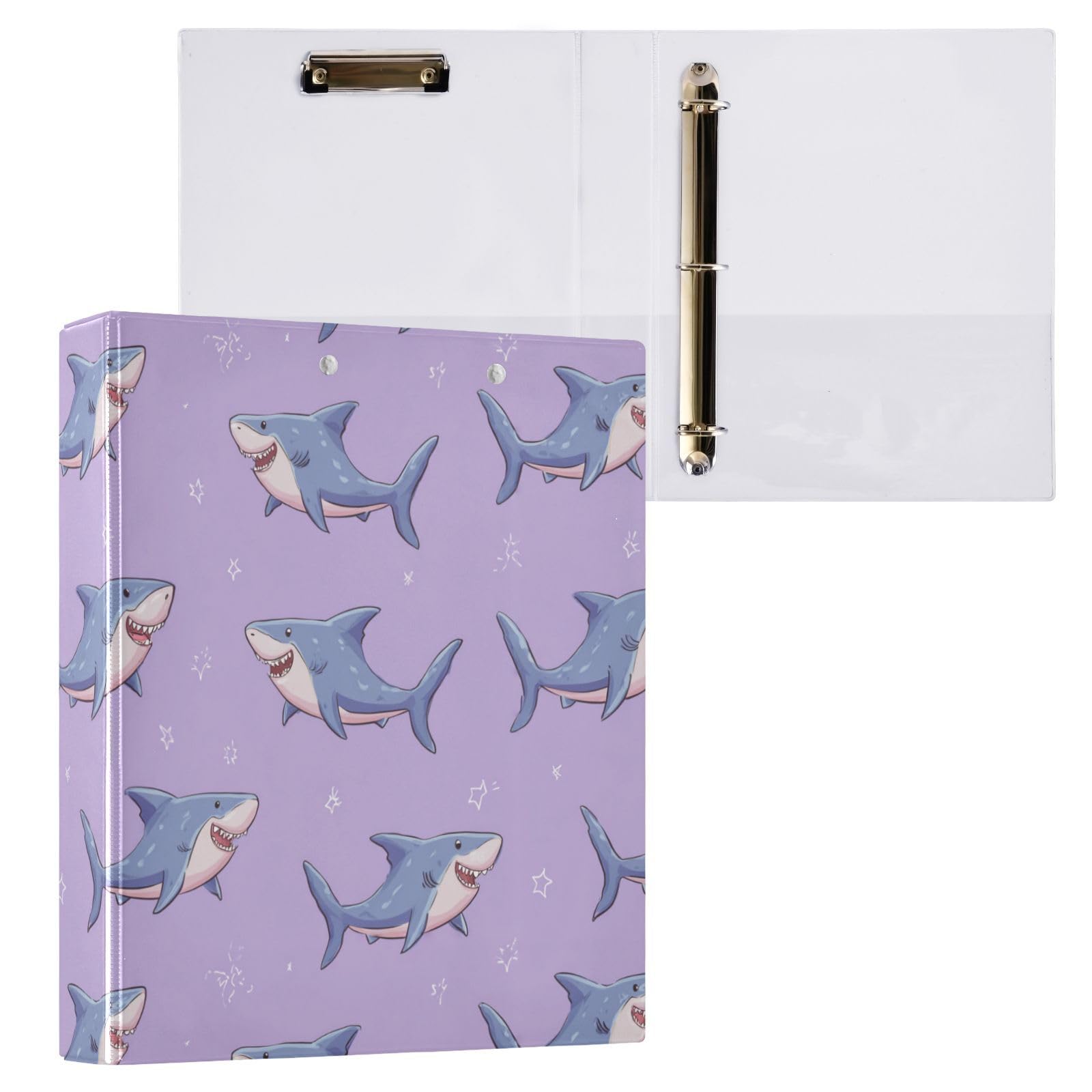 Kcldeci Raccoglitore a 3 anelli con copertina rigida per carta formato lettera, motivo squalo cartone animato viola, anelli rotondi da 3,8 cm, organizer per scuola/ufficio, confezione da 2