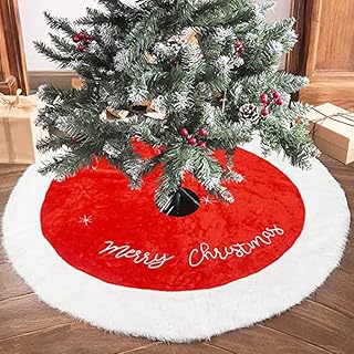SUEH DESIGN Christmas Tree Skirt, 48inches Xmas Large Tree Skirt Red and Snowy White Tree Mat Faux Fur Christmas Decoration for Tree Holiday Party New Year Merry Christmas Home Decor