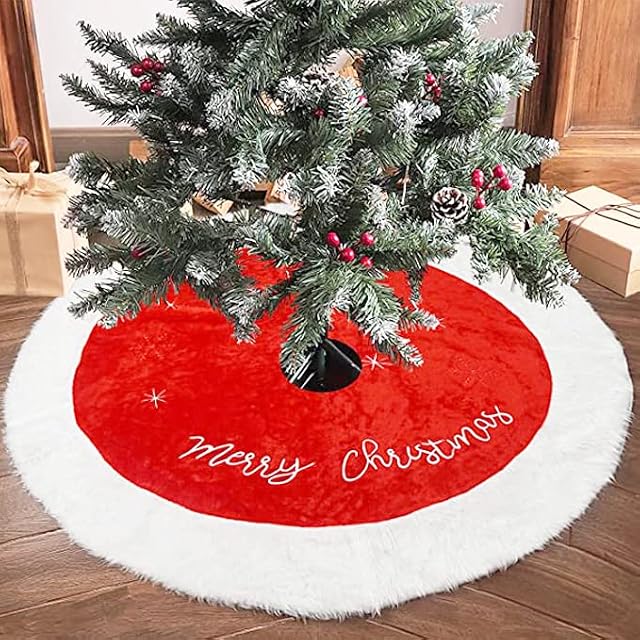 SUEH DESIGN Christmas Tree Skirt, 48inches Xmas Large Tree Skirt Red and Snowy White Tree Mat Faux Fur Christmas Decoration for Tree Holiday Party New Year Merry Christmas Home Decor