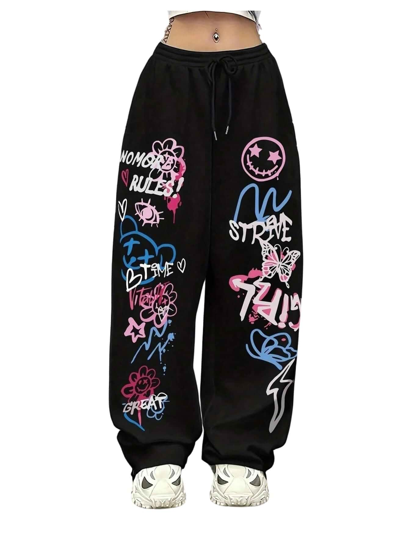 Verdusa Women's Hip Hop Letter Graphic Pants Drawstring Waist Straight Leg Loose Trousers Loose